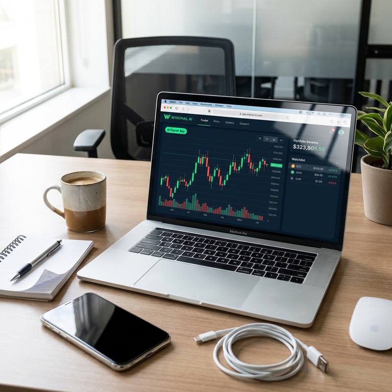 لوحة تحكم ويكسونال على حاسب محمول تعرض رسمًا بالشموع اليابانية ورصيد المحفظة وقائمة مراقبة للأصول